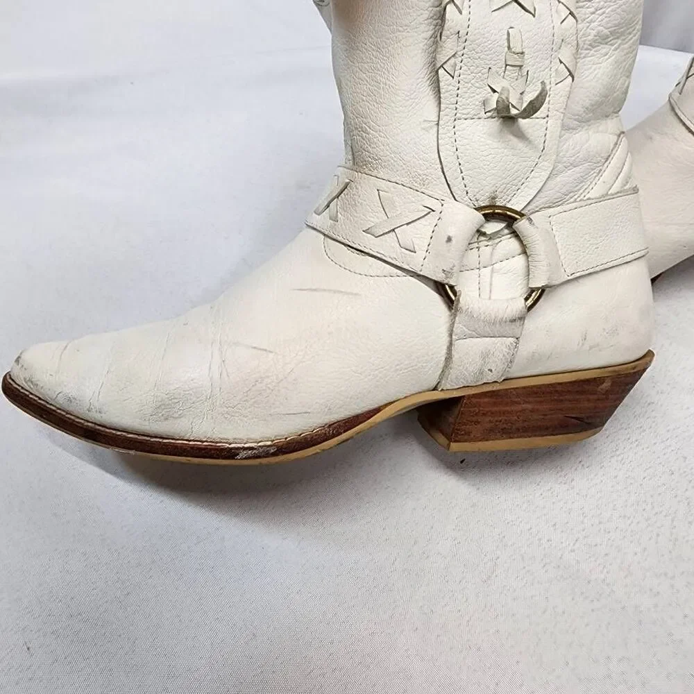 Women's 6 White Leather Braided Short Ankle Western Cowboy Boots Vintage